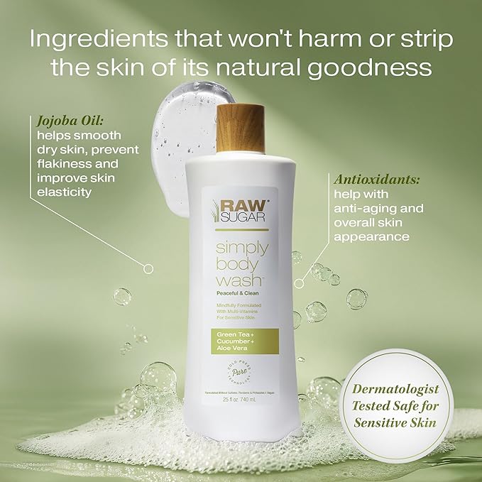 RAW SUGAR Sensitive Skin Simply Body Wash - Green Tea + Cucumber + Aloe Vera, Moisturizing & Brightening Bath & Shower Gel, Sulfate-Free, Paraben-Free & Vegan (Pack of 3)-GlimoraGlow