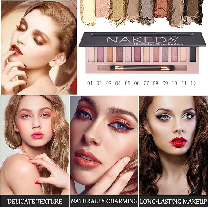 2 Pcs 12 Colors Eye Shadow Palette,Nude Matte Smokey Shimmer Glitter Eyeshadow Palette,Blendable Rich Colors,Waterproof Beauty Makeup Palette Kit with Double-Ended Makeup Brush(A+B)-GlimoraGlow