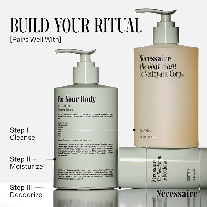 Nécessaire The Body Lotion with Pump. Eucalpytus. Multi-Peptide Firming Lotion to Moisturize, Firm, Strengthen. 2.5% Niacinamide, Vitamin C/E + Omega 6/9. 450ml / 15.2 fl oz-GlimoraGlow