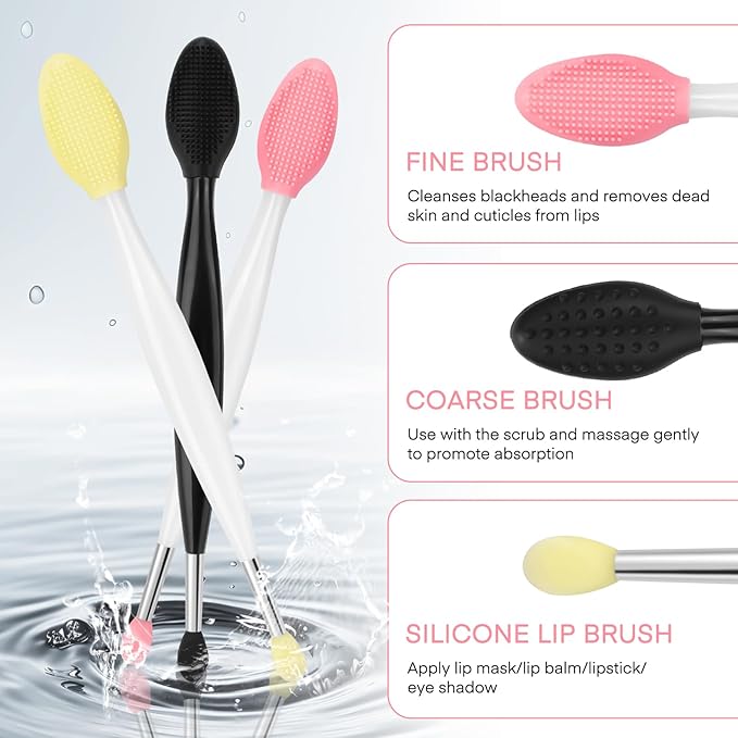 Unaone Lip Scrub Brush - 3 PCS Dual-ended Lip Scrubber Exfoliator and Silicone Lip Brush, 2-in-1 Silicone Lip Scrub Tool Lip Mask Applicator, Gentle Exfoliator & Applicator for Soft-GlimoraGlow