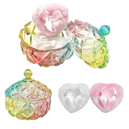 Body Powder Puff and Container - Glass Dusting Powder Container with 2 Soft Puffs Vintage Powder Puff Case for Women & Girls (3.94x3.94x4.53 H in) - GRB012-Multi-GlimoraGlow