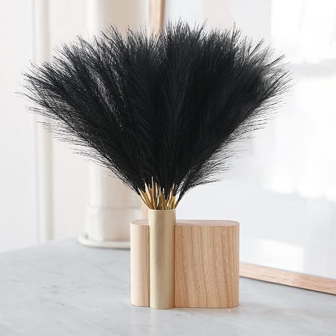 50pcs Faux Pampas Grass, 21.6" Short Artificial Pompous Grass Floral Fake Pompas Grass Branches Vase Filler Flower Arrangement for Home Wedding Boho Decor, Black