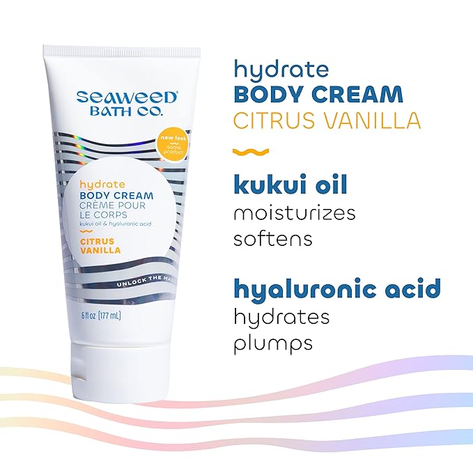 Seaweed Bath Co. Hydrate Body Cream, Citrus Vanilla Scent, 6 Ounce, Nourishing Hand & Body Lotion Moisturizer for Dry Skin, with Sustainably Harvested Seaweed, Kukui Oil, Hyaluronic Acid, Shea Butter-GlimoraGlow