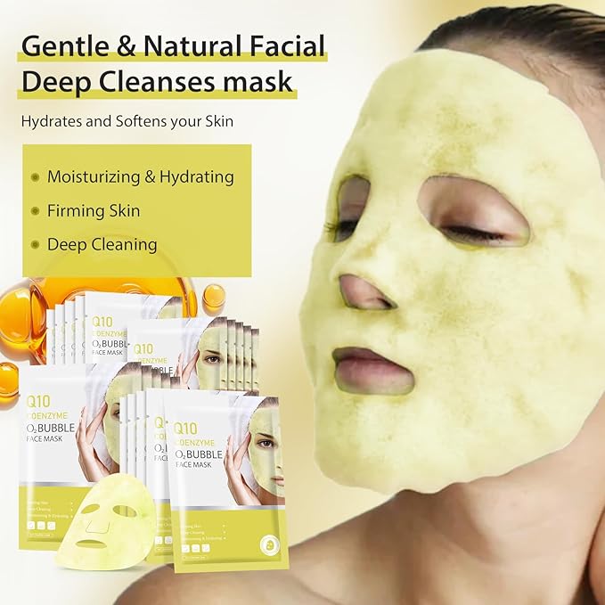 10 Sheets Coenzyme Q10 O2 Bubble Masks for Face, Bubble Face Mask Skincare for All Skin Types, Deep Cleansing Moisturizing Facial Mask Skin Care for Pores, Firming, Purifying, Sheet Masks for Spa-GlimoraGlow