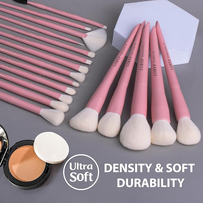 LORYP Makeup Brushes Set Labeled 18 Piece Face and Eye Brush Set Ultra soft hair Foundation, Concealer, Blush, Contour, Blending, Eyeshadow Pink Brush kit-GlimoraGlow