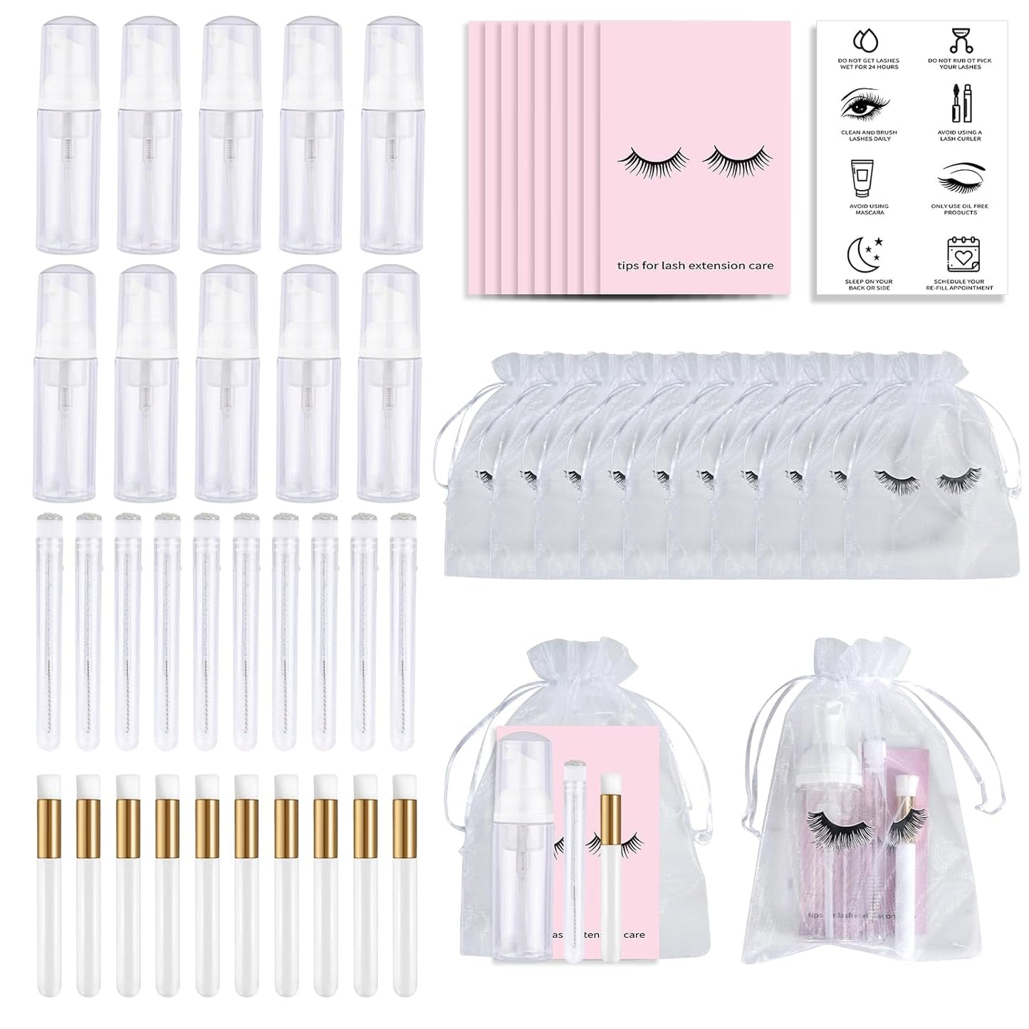 50PCS Lash Shampoo Bottles Brushes Set, Empty Lash Shampoo Bottle, Lash Cleaning Brush, Eyelash Extension Tube Brush, Instructions Cards, Aftercare Bags for Lash Business Clients (50pcs in white)-GlimoraGlow