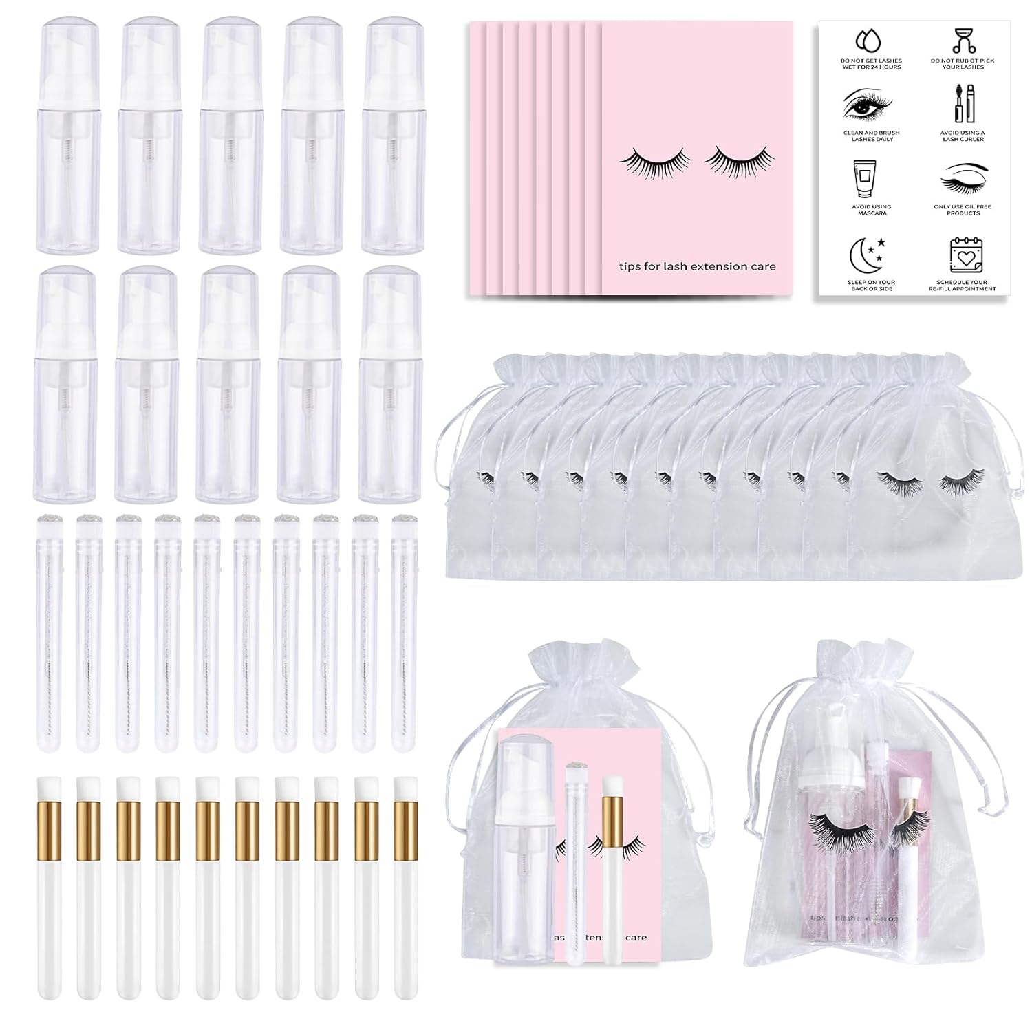 50PCS Lash Shampoo Bottles Brushes Set, Empty Lash Shampoo Bottle, Lash Cleaning Brush, Eyelash Extension Tube Brush, Instructions Cards, Aftercare Bags for Lash Business Clients (50pcs in white)-GlimoraGlow