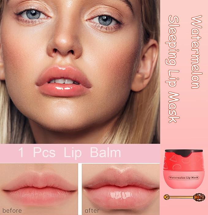 1 PCS Bee Lip Balm Honey Pot, Exfoliating Watermelon Bee Lip Balm Sleeping Lip Mask Overnight with Sticks, Honey Pot Lip Balm Prevention Dry Hydrating and Crack Lip Scrubs-GlimoraGlow