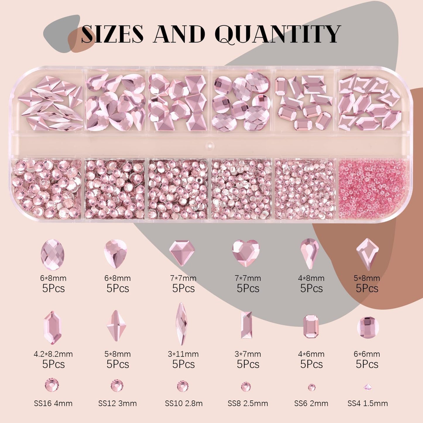 2060Pcs Pink Glass Nail Rhinestones 60Pcs Multi Shapes Flatback Nail Gems + 2000Pcs 1.5-4mm Round Crystal with Rhinestones Glue Gel, Manicure Nail Charms Diamond Gemstones for Nail Art-GlimoraGlow