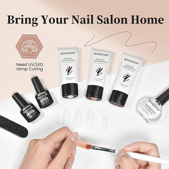 JEWHITENY Poly Nail Gel Set Clear Nude Brown Neutral Classic Color Base and Top Coat Slip Solution Poly Extension Gel With Acrylic Nail Builder Need U V Lamp Curing-GlimoraGlow