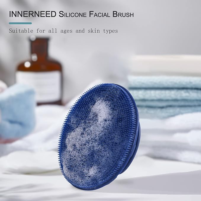 INNERNEED Silicone Face Exfoliating Brush Manual Handheld Facial Cleansing Scrubber Blackhead Remover, Food-Grade Soft Bristle (Dark Blue+Gray)-GlimoraGlow