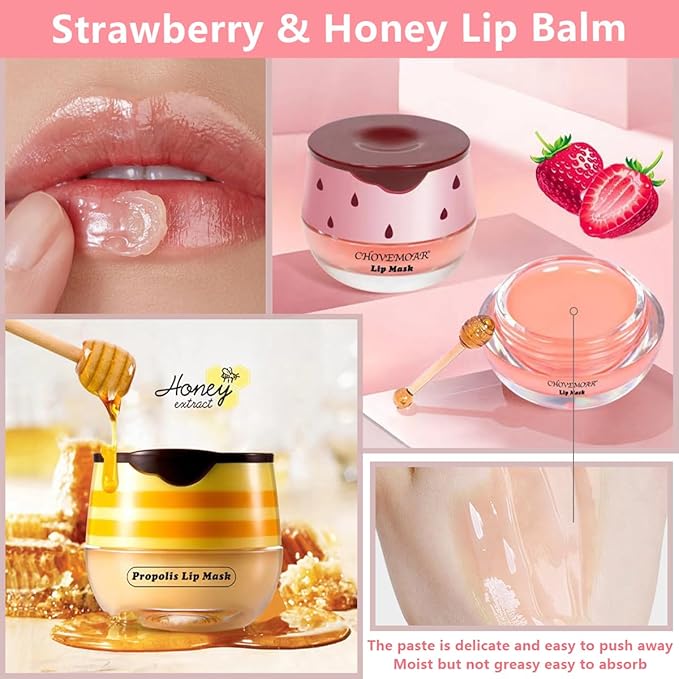 2 Pcs Strawberry & Honey Lip Balm, Lip Mask with Stick, Moisturizing Lip Sleeping Mask Day & Night Lip Care - Hydrate Repair Prevent Dry Cracked Exfoliate (Honey+Strawberry)-GlimoraGlow