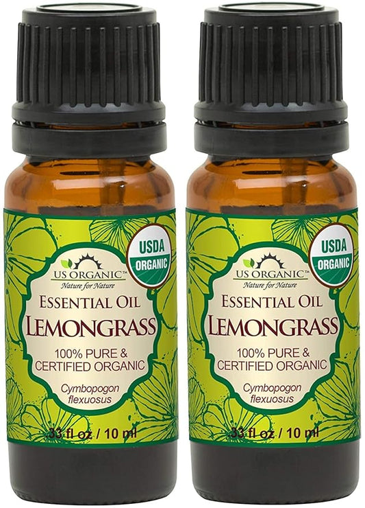 US Organic 100% Pure Lemongrass Essential Oil, USDA Certified Organic, Undiluted, Therapeutic Grade, Steam Distilled, for Aromatherapy, Freshening, and DIY Personal Care (10ml, Pack of 2)-GlimoraGlow