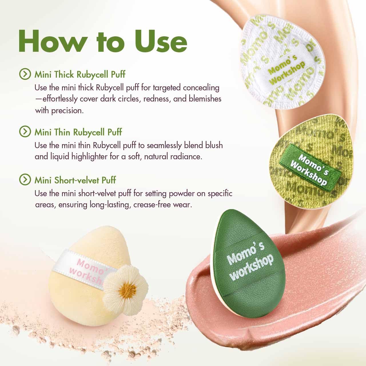 Mini Denim Makeup Sponge Set,Mini Makeup Blenders Sponge for Concealer/Blush/Highlighter, Perfect for Detail Work & Travel,4pcs Green Mini Concealer Puffs with Travel Pouch-GlimoraGlow