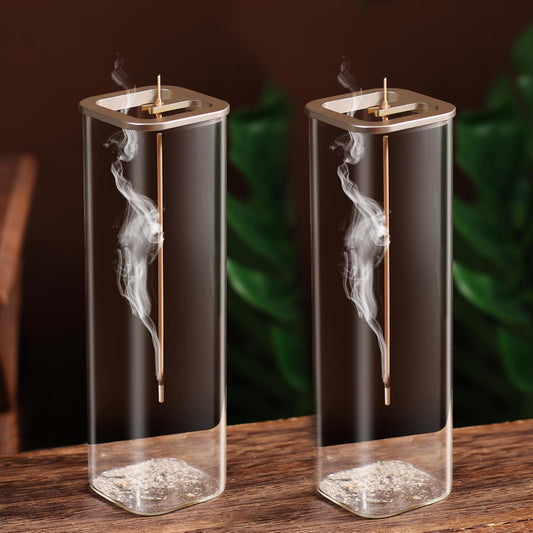 Insence-Stick Holder [Anti-Ash Flying], Modern Incense Burner Holder with Removable Glass Ash Catcher, for Home Decor Yoga Meditation (2 Pack Champagne Gold)-GlimoraGlow