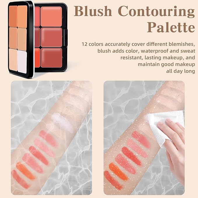 12 Colors Cream Blush Palette, Color Correcting Concealer Foundation Palette, Long Wearing Smudge Proof Blendable Matte Finish Blush Powder Highlighter and Cream Contour Palette Makeup (01)-GlimoraGlow