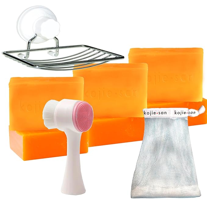 Kojie San Face & Body Skin Brightening Shower 9pc Set - the Original Kojic Acid Soap that Helps Reduce Dark Spots 6 x 135g Bars, Soap Dish and Facial Cleansing Brush…-GlimoraGlow