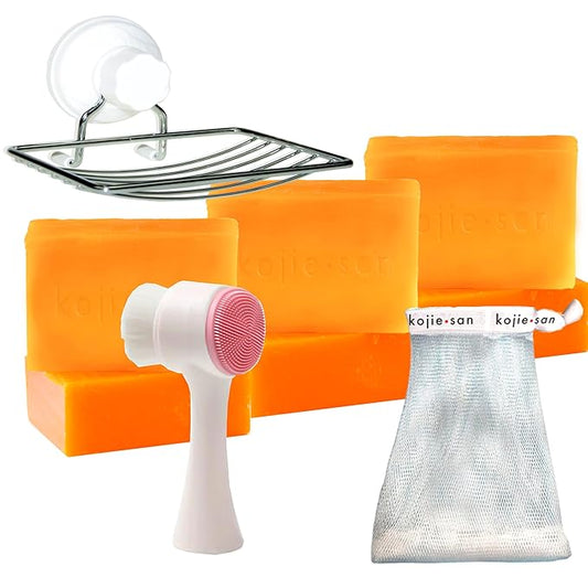 Kojie San Face & Body Skin Brightening Shower 9pc Set - the Original Kojic Acid Soap that Helps Reduce Dark Spots 6 x 135g Bars, Soap Dish and Facial Cleansing Brush…-GlimoraGlow