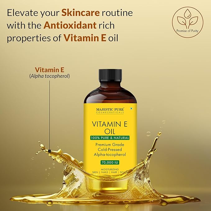 Majestic Pure Vitamin E Oil - 100% Pure & Natural, 70,000 IU | Premium Grade, Cold-Pressed and Tocopherol to Repair Dry, Damaged Skin| Moisturizing Skin, Hair and Scalp 4 Fl Oz-GlimoraGlow