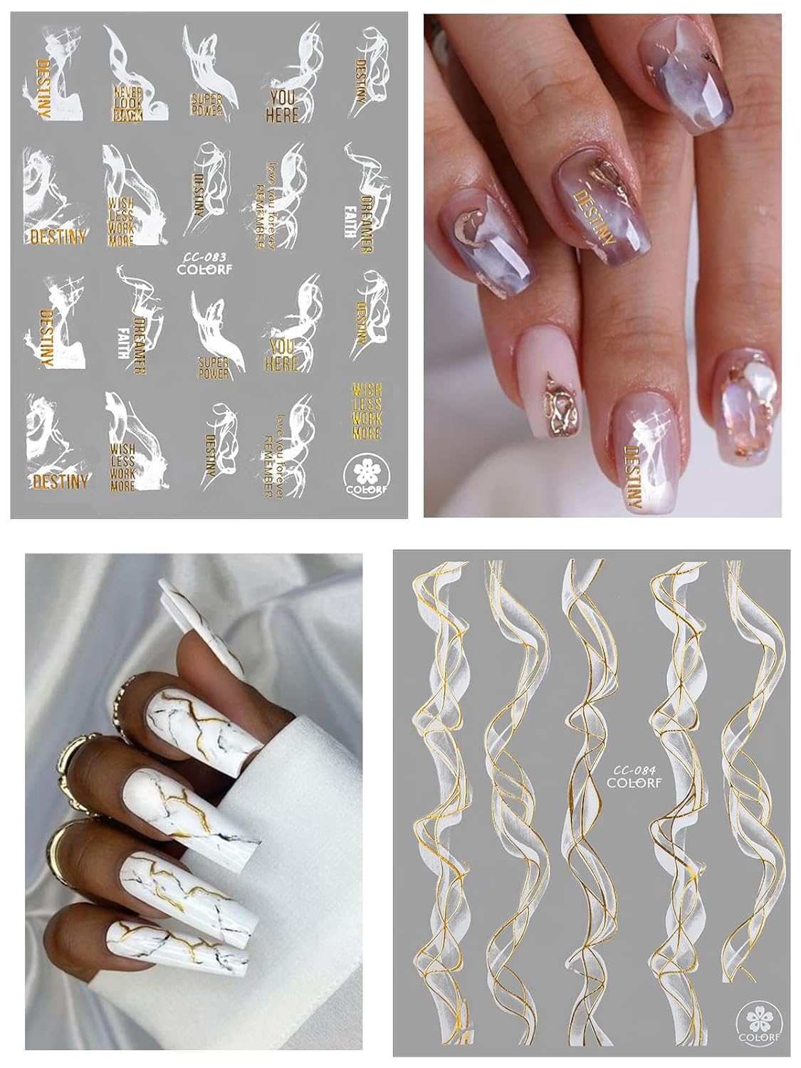 12 Sheets Nail Art Stickers Decals,TOROKOM Self-Adhesive White Black Gold Stripe Line Nail Decals Marble Wave Nail Sticker Supplies for 3D Nail Design Nail Accessories for Women French Nail Decoration-GlimoraGlow