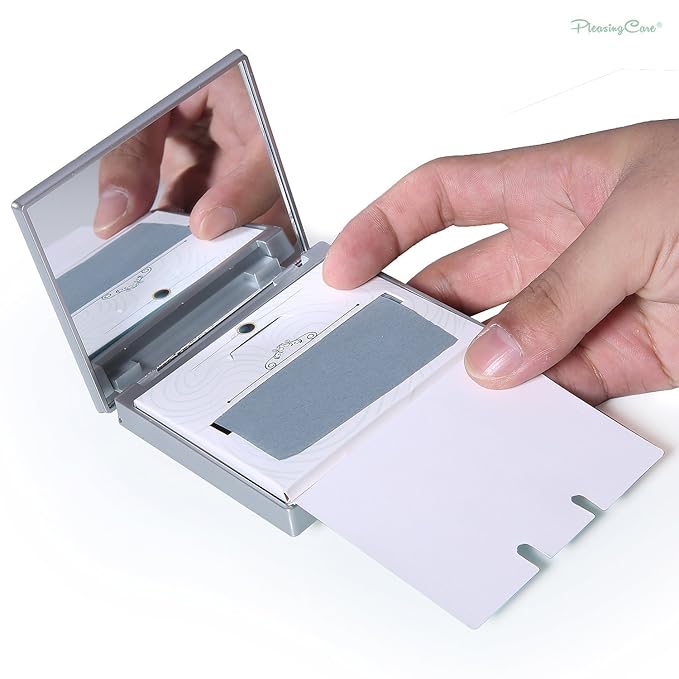 Makeup Mirror with Facial Oil Blotting Paper Sheets - Bamboo Charcoal 100 Counts, Silver Compact Folding Cosmetic Travel Mirror-GlimoraGlow