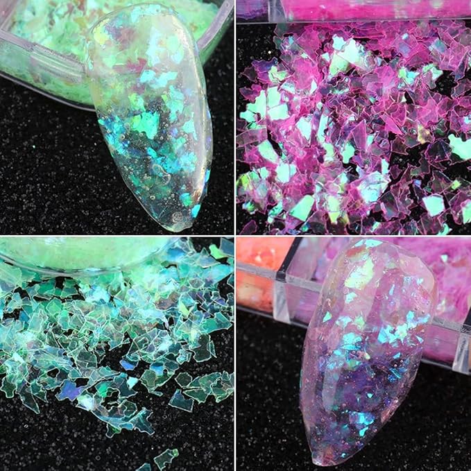12 Colors Holographic Nail Art Glitter Sequins Iridescent Ice Slag Nail Glitter Laser Nail Art Flakes Colored Fluorescent Glass Paper Nail Sticker Decoration for Face Hand Body Make-Up DIY-GlimoraGlow
