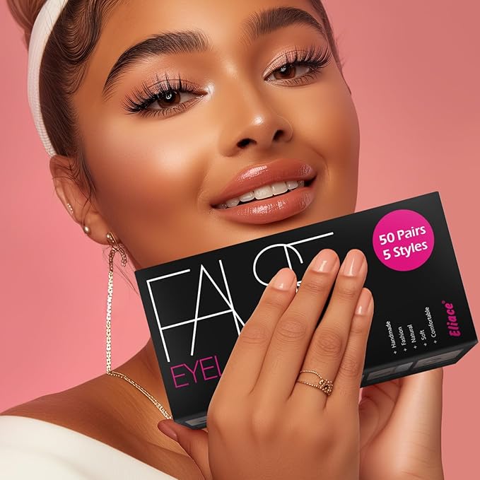 Eliace Eyelashes, (50 Pairs,5 Styles) Luxurious Faux Mink Lashes Natural Look Wispy Fluffy Handmade Cat Eye False Lash Pack, False Eyelashes Set, Fake Lashes Strips, Makeup Fake Eyelashes Pack-GlimoraGlow