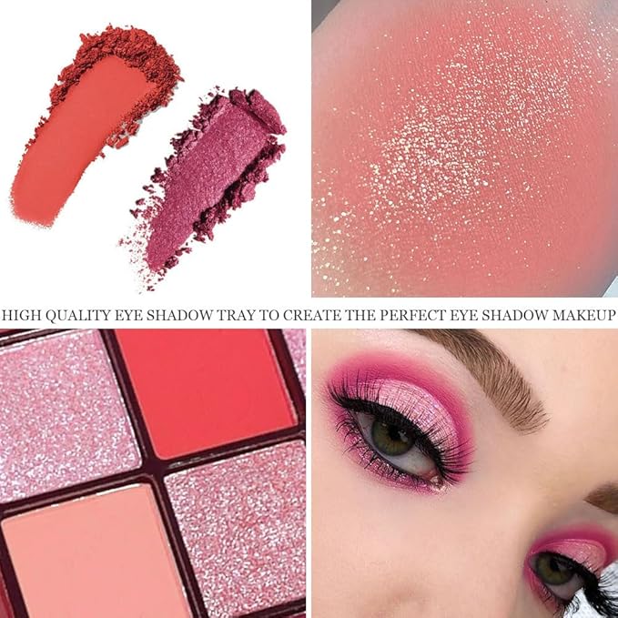 16 Girds Colorful Matte Shimmer Eyeshadow Palette for Eye Makeup,High Pigmented Eye Shadow Primers Powder Palet de sombras de ojos-Pink Red#-GlimoraGlow