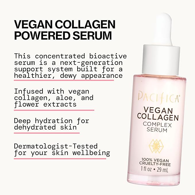 Pacifica Vegan Collagen Complex Face Serum Anti Aging Hydrating Serum w/Hyaluronic Acid for Plumping & Firming Collagen Boosting Facial Serum for Fine Lines & Wrinkles Clean Dermatologist Tested-GlimoraGlow