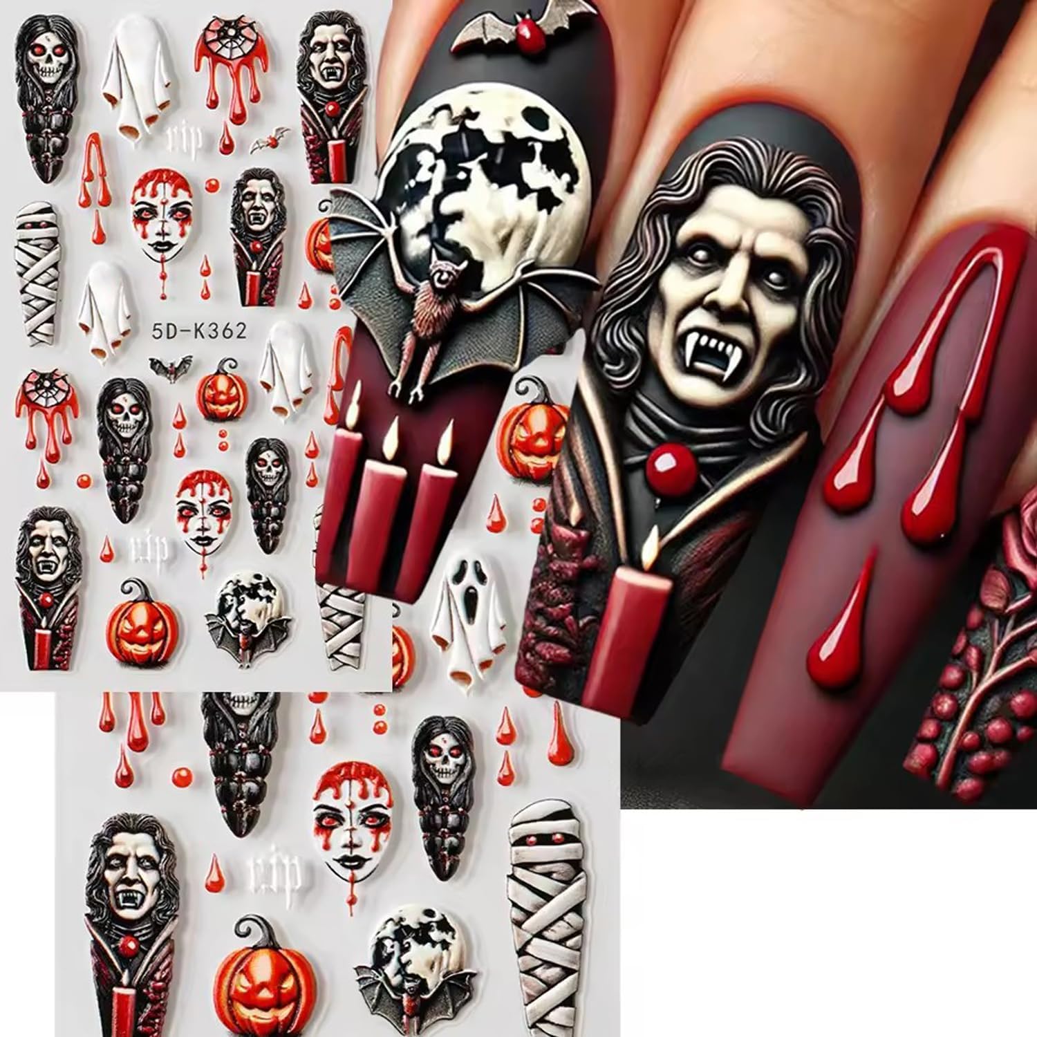 2 Sheets Halloween Nail Art Stickers 5D Embossed Horror Ghost Nail Stickers Big Red Lips Pumpkin Devil's Flame Eye Bat Design Terror Spider Mummy Nail Decals for Women Acrylic DIY Nail Decorations-GlimoraGlow