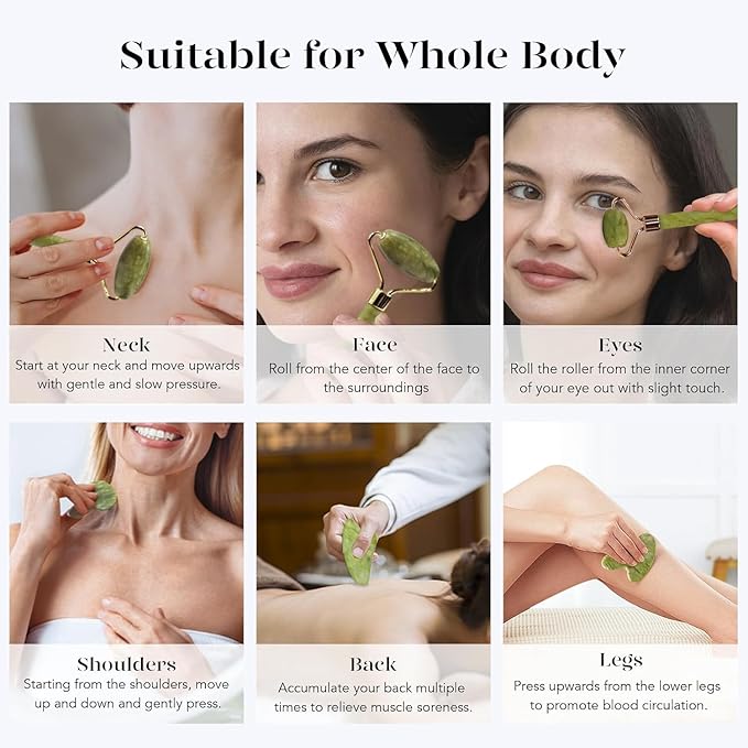 BAIMEI IcyMe Gua Sha & Jade Roller Facial Tools Face Roller and Gua Sha Set for Puffiness and Redness Reducing Skin Care Routine, Self Care Gift for Men Women - Green-GlimoraGlow