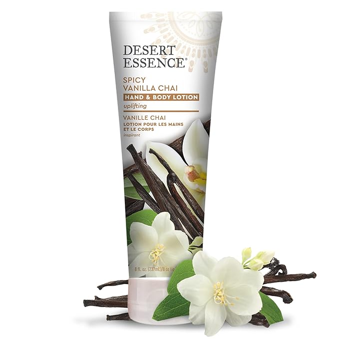 Desert Essence Spicy Vanilla Chai Hand & Body Lotion, Uplifting, Smoothes & Softens Skin, No Greasy Residue, Aloe Vera, Shea Butter, Vitamin E, 8 Fl Oz-GlimoraGlow