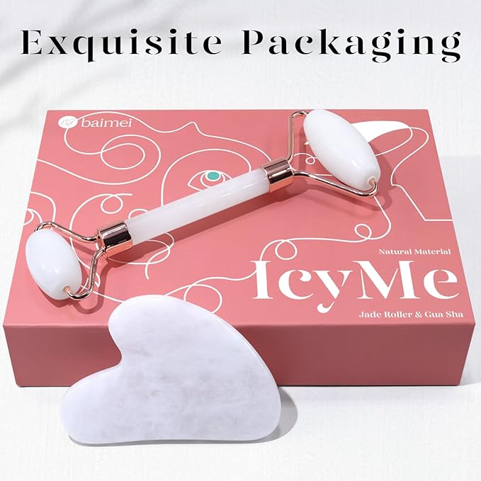 BAIMEI Jade Roller & Gua Sha Set Face Roller and Gua Sha Facial Tools for Skin Care Routine and Puffiness, Self Care Gift for Men Women - White-GlimoraGlow