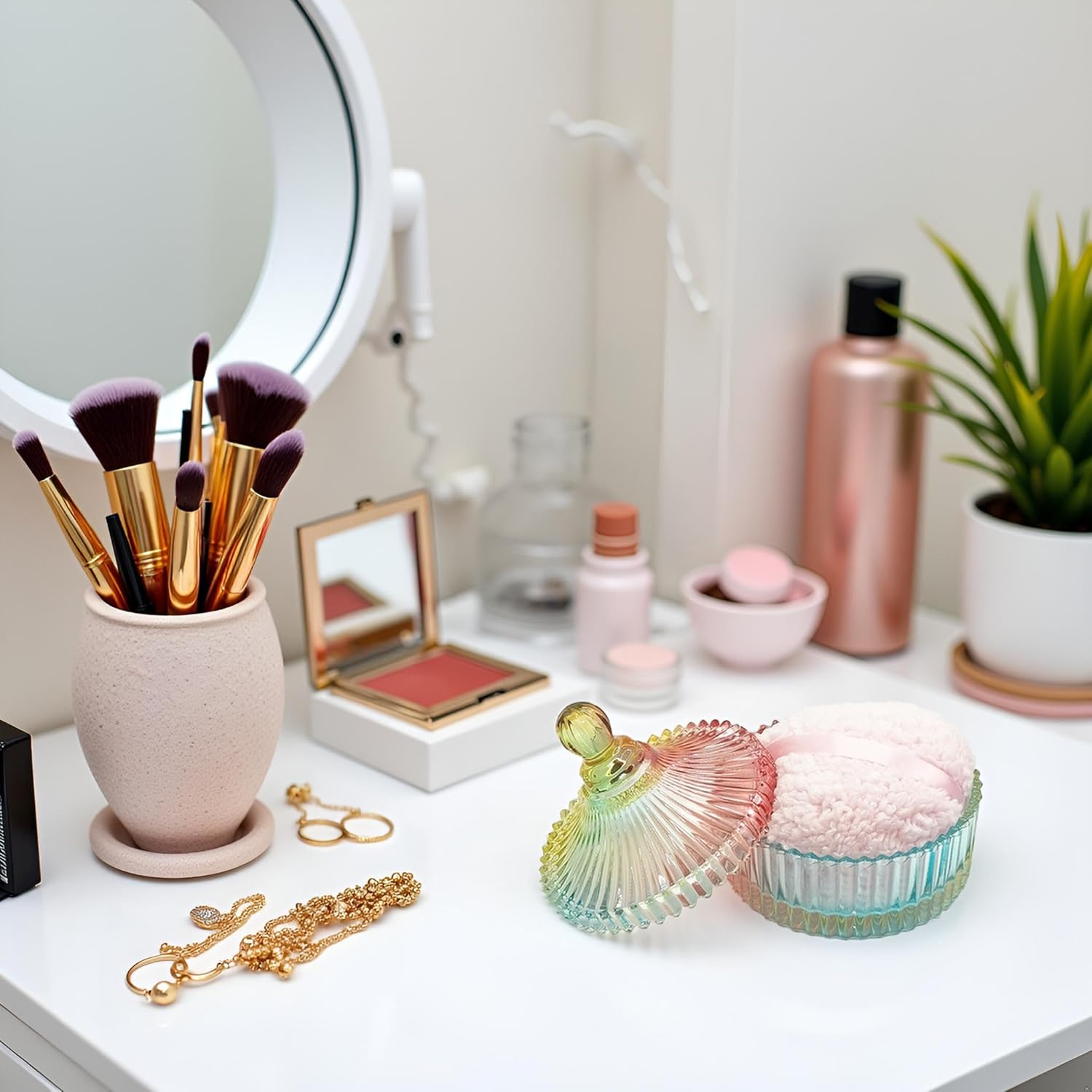 Extra Large Body Powder Puff and Container - Vintage Glass Dusting Powder Container with Soft Puff for Women & Girls (5.9x5.9x5.9 IN)-GRB010-Colorful-A-GlimoraGlow