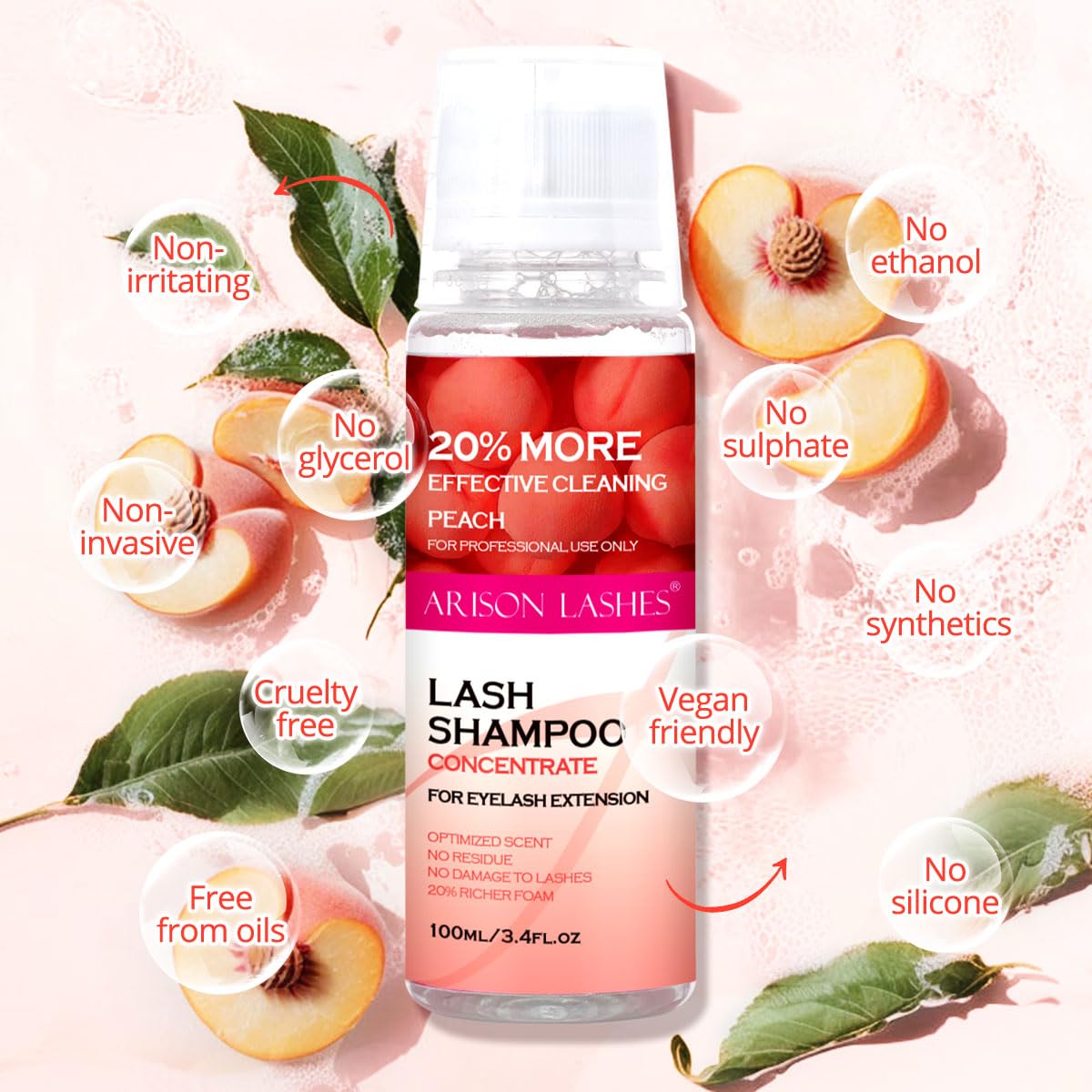 ARISON LASHES Lash Shampoo Concentrate for Lash Extensions 100ML Eyelash Cleanser Concentrate Oil-Free Eyelash Extension Shampoo with Salon Home Care(Peach)-GlimoraGlow