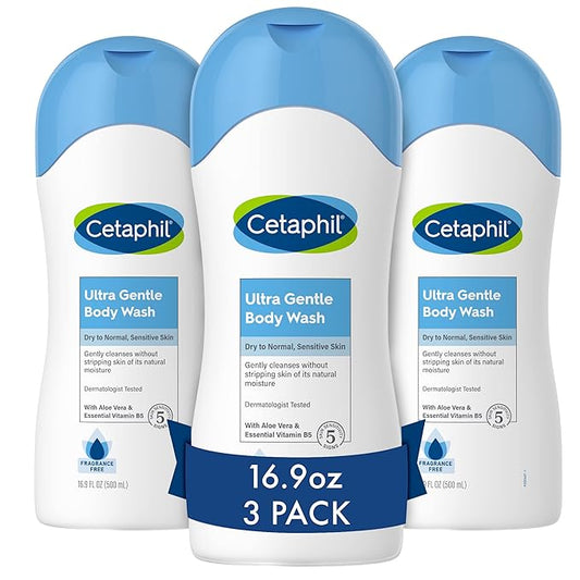 Cetaphil Ultra Gentle Refreshing Body Wash, For Dry To Normal, Sensitive Skin, Aloe Vera, Vitamin B5, Hypoallergenic, Dermatologist Tested, Fragrance Free, 16.9oz Pack of 3-GlimoraGlow