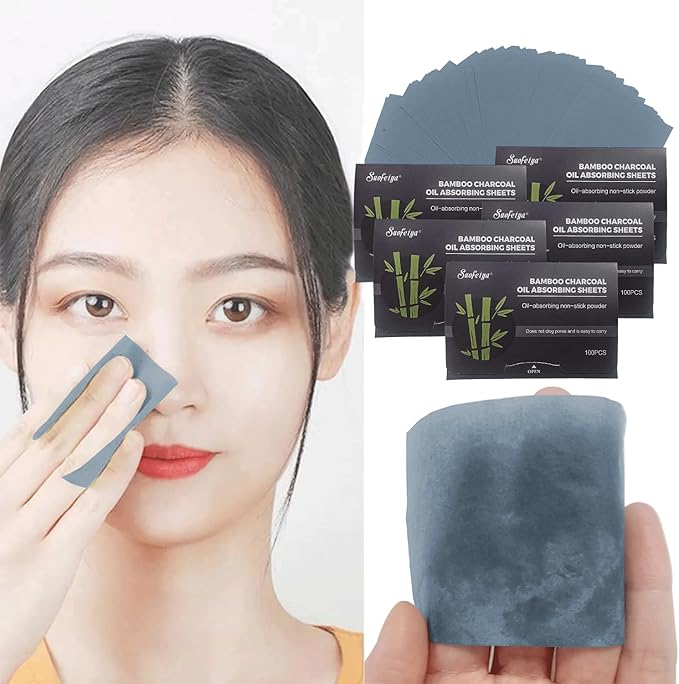 Natural Bamboo Charcoal Oil Absorbing Tissues - 6pk/600 Oil Blotting Sheets For Face, Oil Control Film, Oil Absorbing Sheets, Makeup Friendly-GlimoraGlow