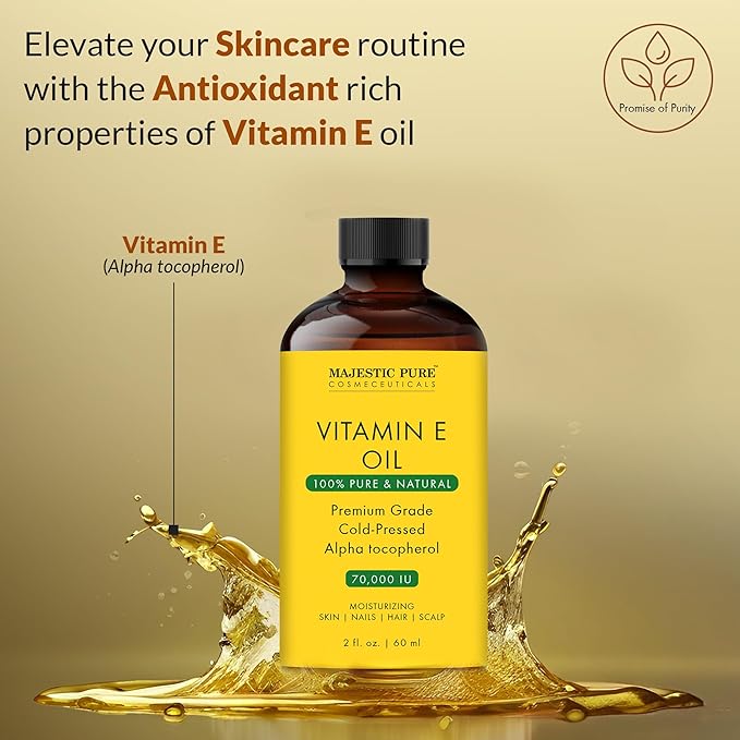 Majestic Pure Vitamin E Oil - 100% Pure & Natural, 70,000 IU | Premium Grade, Cold-Pressed and Tocopherol to Repair Dry, Damaged Skin | Moisturizing Skin, Hair and Scalp 2 Fl Oz-GlimoraGlow
