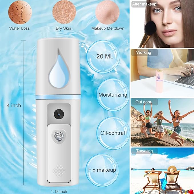 Nano Facial Mister Portable Mist Sprayer with Mirror Mini Cool Mist Spray for Skin Care & Facial Body Moisturized & Eyelash Extensions, USB Rechargeable (White)-GlimoraGlow