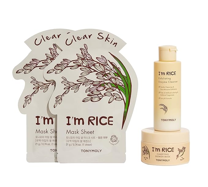 TONYMOLY I'm Rice Clarifying Skincare Set – 3-Step Face Care for Clear, Hydrated Skin – Includes Enzyme Powder Cleanser, Blemish Mask & Nourishing Sheet Masks – Gentle Exfoliation & Oil Control-GlimoraGlow