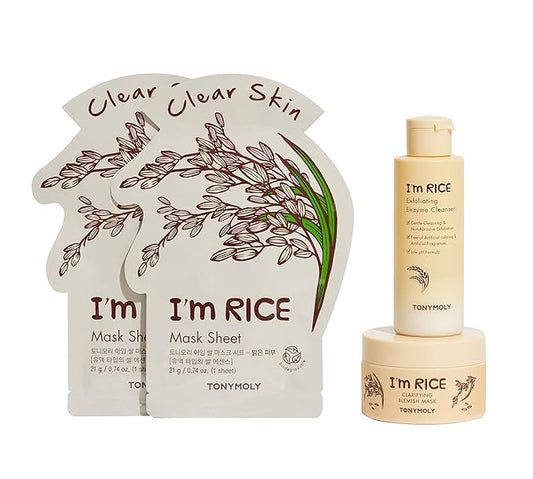 TONYMOLY I'm Rice Clarifying Skincare Set – 3-Step Face Care for Clear, Hydrated Skin – Includes Enzyme Powder Cleanser, Blemish Mask & Nourishing Sheet Masks – Gentle Exfoliation & Oil Control-GlimoraGlow