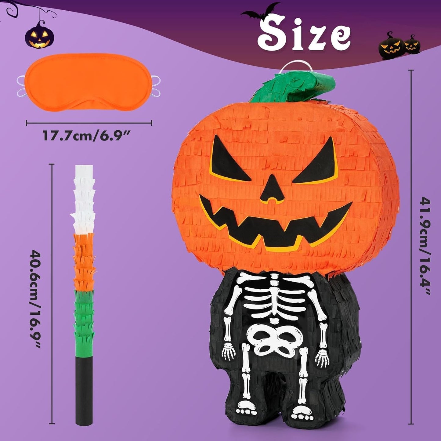 WERNNSAI Halloween Skull Pumpkin Piñata - Pumpkin Skull Pinata Halloween Scary Party Candy Game Supplies for Kids Trick Treat Party Jack o Lanterns Decorations Favor with Blindfold & Bat