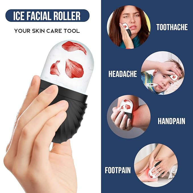Ice Roller for Face and Eye, Reusable Silicone Ice Facial Roller Ice Holder, Face Ice Mold Skin Care, Ice Cube Roller for Shrink Pores Anti Wrinkle Reduce Puffiness, Black-GlimoraGlow