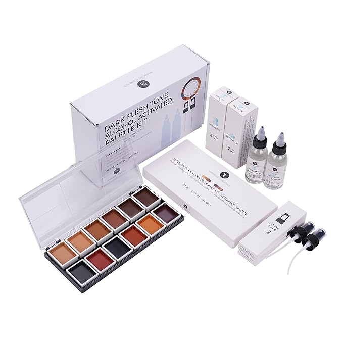 12 Color Dark Flesh Tone Alcohol Activated Makeup Palette Kit - Includes Alcohol Activator and Moisturizing Remover - Waterproof Makeup for Professional Makeup Artists-GlimoraGlow