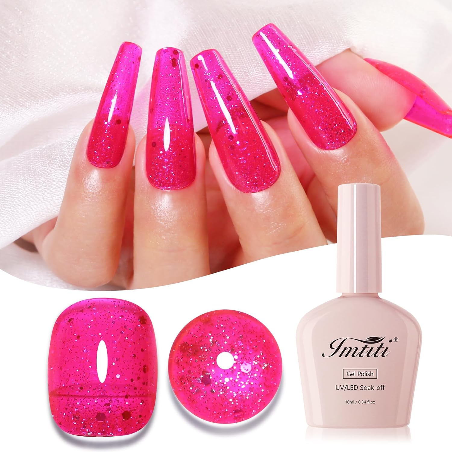 Imtiti Glitter Gel Nail Polish, Hot Pink Iridescent Glitter Gel Polish Diamond Shimmer Sparkle Soak Off UV LED Nail Gel Polish Autumn Winter Gel Polish Manicure Gel Nail Kit 10ML-GlimoraGlow