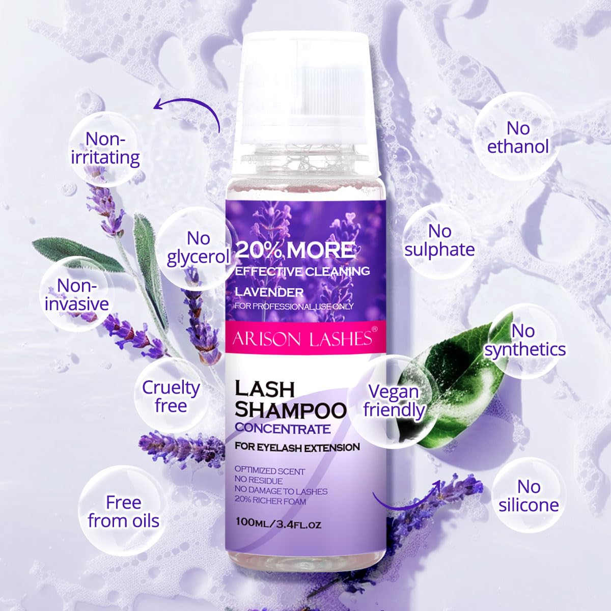 ARISON LASHES Lash Shampoo Concentrate for Lash Extensions 100ML Eyelash Cleanser Concentrate Oil-Free Eyelash Extension Shampoo with Salon Home Care(Lavender)-GlimoraGlow