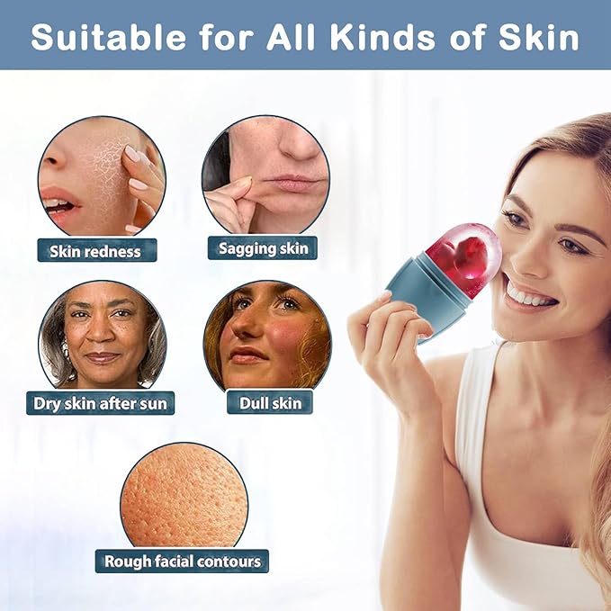 XHJRI Ice Face Roller Massager,Ice Cube Roller for Face, Eyes and Neck Naturally Conditioning and Skin Care,De-Puff Eye Bags,Reduce Migraine Pain,Reusable Massage Silicone Ice Mold (New Blue)-GlimoraGlow