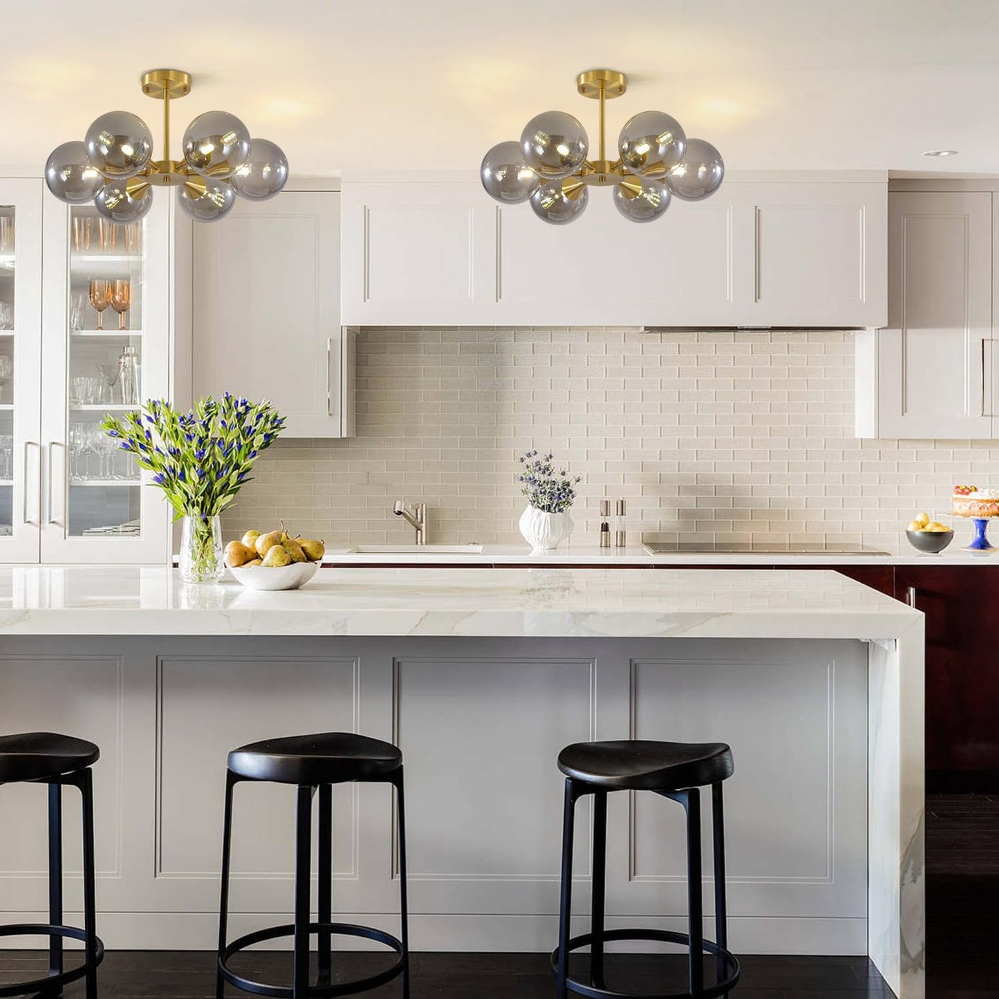 KCO 6-Lights Mid Century Modern Globe Ceiling Light Gold Sputnik Chandelier Smoke Gray Glass, Home Office