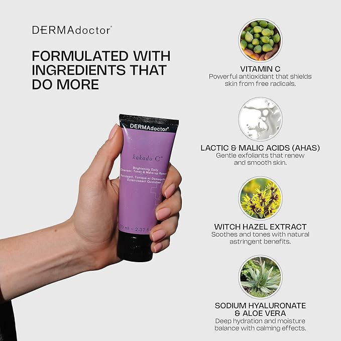 DERMAdoctor Kakadu C Dermatologist Formulated Vitamin C Brightening Daily 3 in 1, Exfoliating Face Wash, Toner, Make up Remover, Hydrating Facial Cleanser for Uneven, Dull Skin, Travel Size - 2.37 oz-GlimoraGlow
