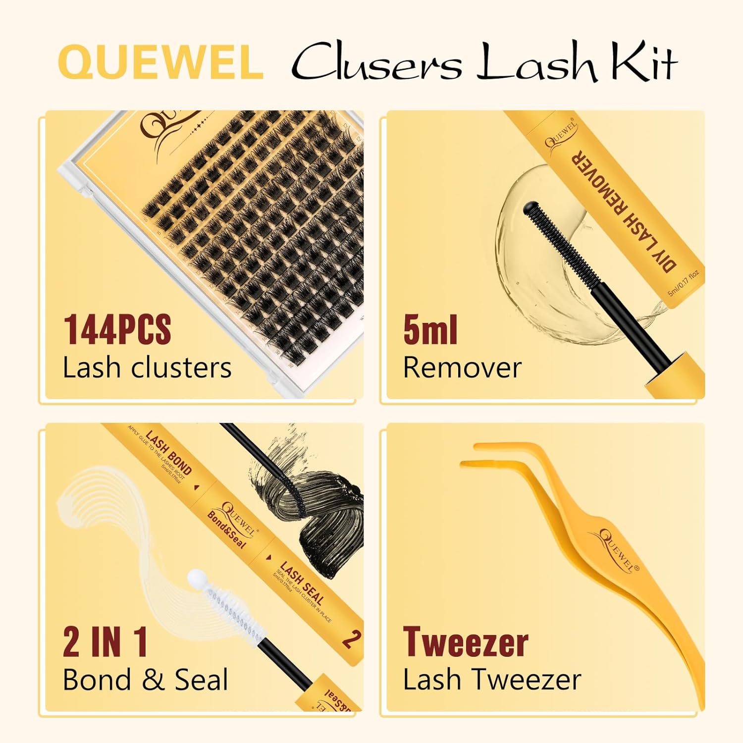 QUEWEL Lash Clusters Kit, Lashes Clusters Bond and Seal Waterproof, Eyelash Clusters Applicator Tool with Cluster Lashes Glue Remover for Natural Look DIY At Home(ZS-H01-kit)-GlimoraGlow